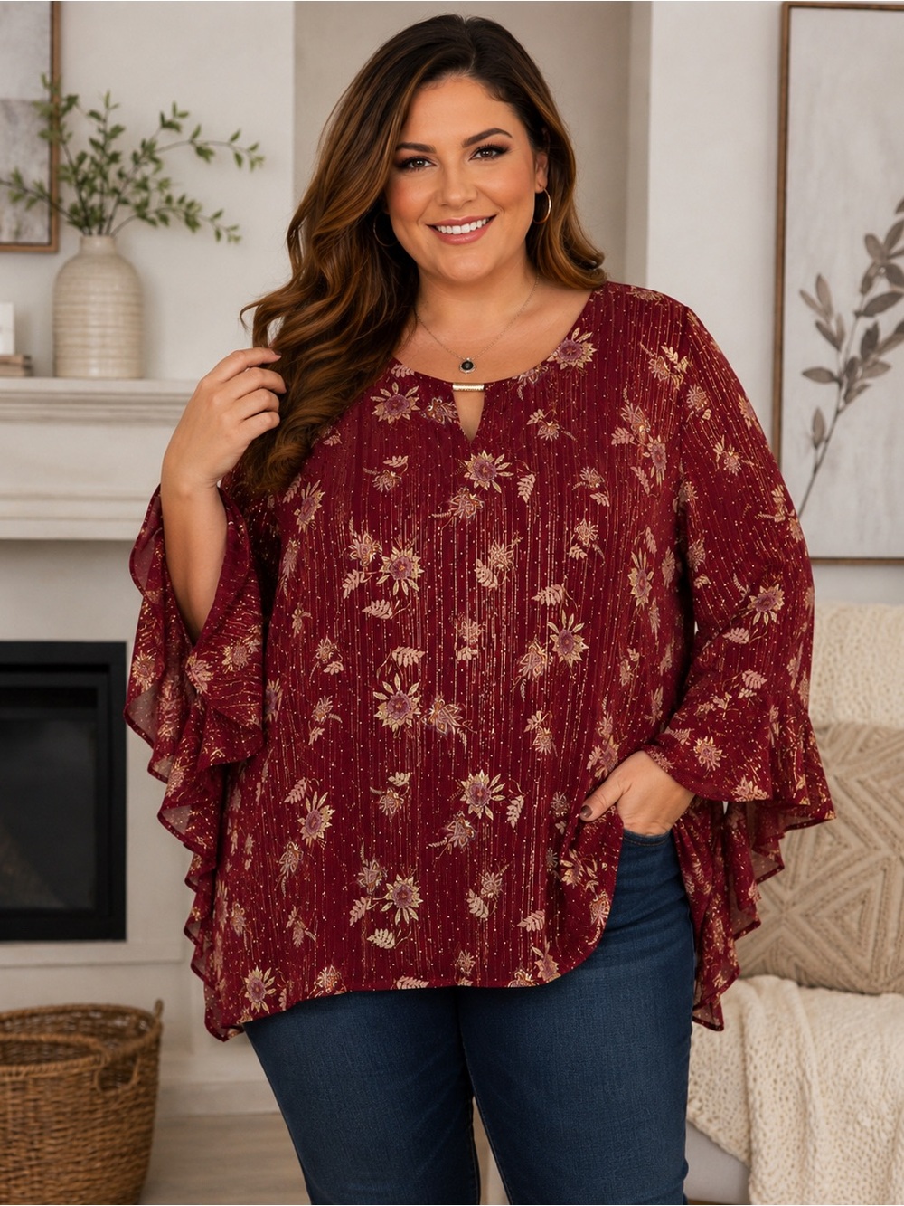 Catherines 3X Burgundy Floral Shimmer Bell Sleeve Blouse NWOT A14